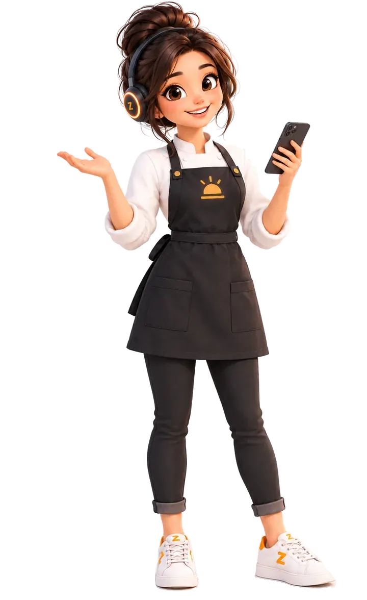 Zuzu, MenuBeacon's restaurant AI assistant, holding a phone